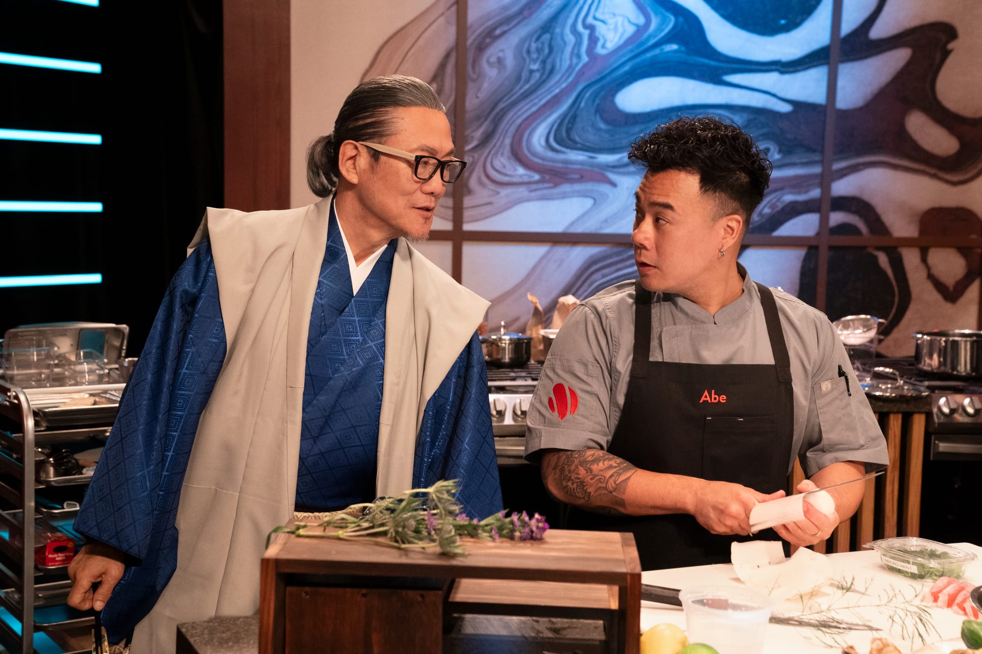 Chef Abe alongside Iron Chef Masaharu Morimoto on Morimoto's Sushi Master